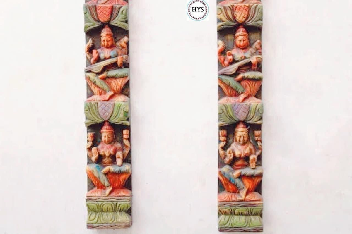 Vertical Wood Carved Ganesh,laxmi & Saraswati Decorative Wall Panel .handmade. Multicolour