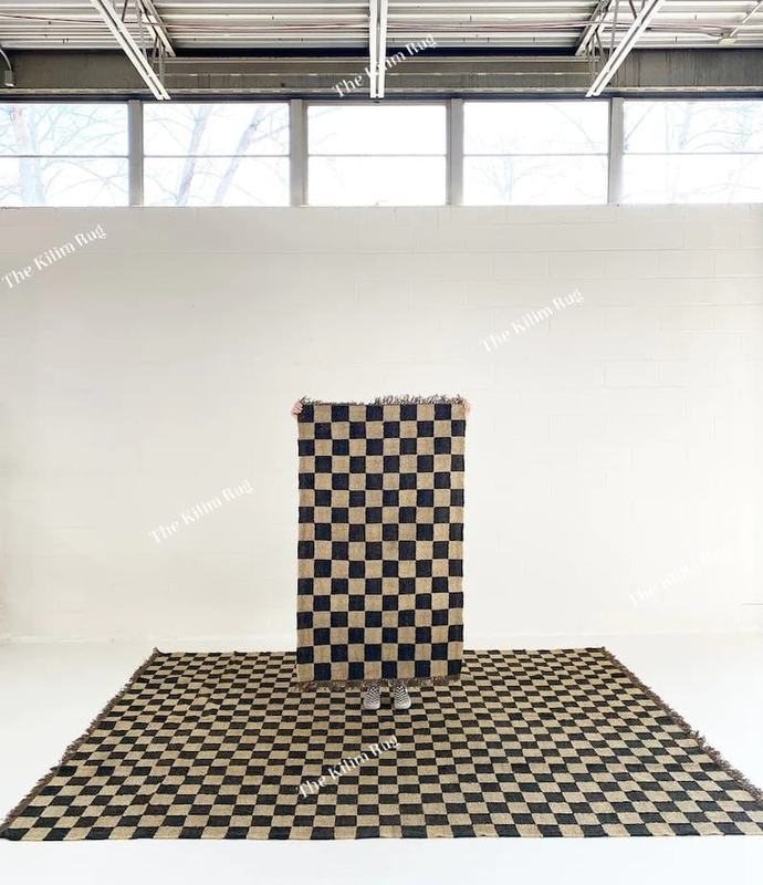 Black & White Wool Jute Carprt, Kilim rug, Handmade rug